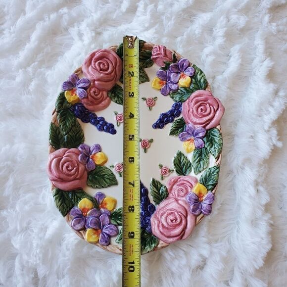 Vtg Fitz & Floyd Oval Floral Decorative Plate Dish Embossed Flowers Leaves 1994 - Picture 2 of 3